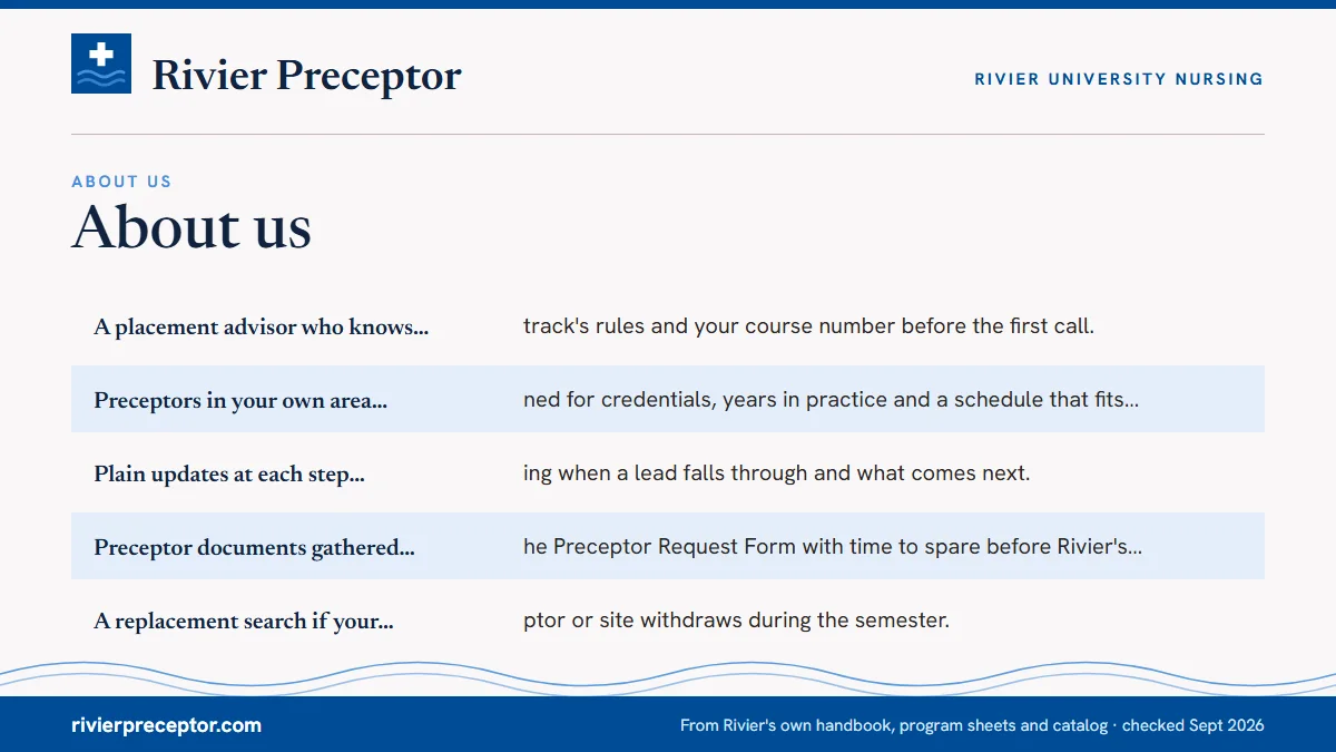 What you can expect from us: A placement advisor who knows your track's rules and your co; Preceptors in your own area, screened for credentials, years; Plain updates at each step, including when a lead falls thro; Preceptor documents gathered for the Preceptor Request Form .