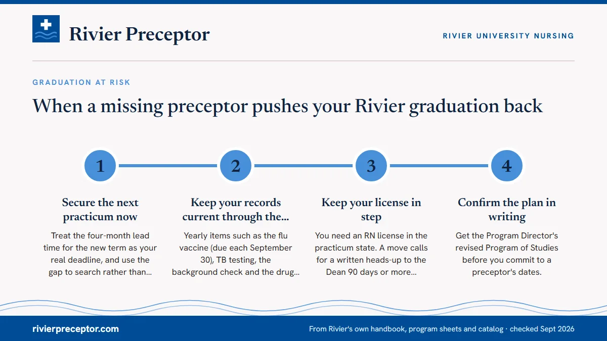 Numbered steps. Keeping the delay to one semester: 1 Secure the next practicum now; 2 Keep your records current through the gap; 3 Keep your license in step; 4 Confirm the plan in writing.