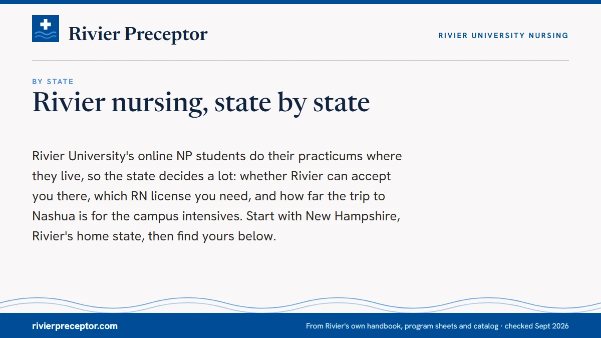 Rivier nursing, state by state. Rivier University's online NP students do their practicums where they live, so the state decides a lot: whether Rivier can accept you there, which RN license yo
